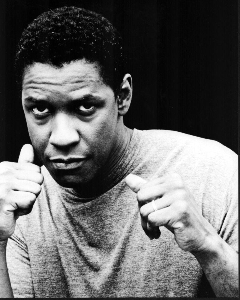 Denzel Washington black and white photo print with fists raised.