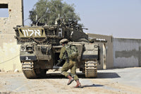 Israel Defense Force Merkava Mark II Main Battle Tank poster in urban warfare setting.