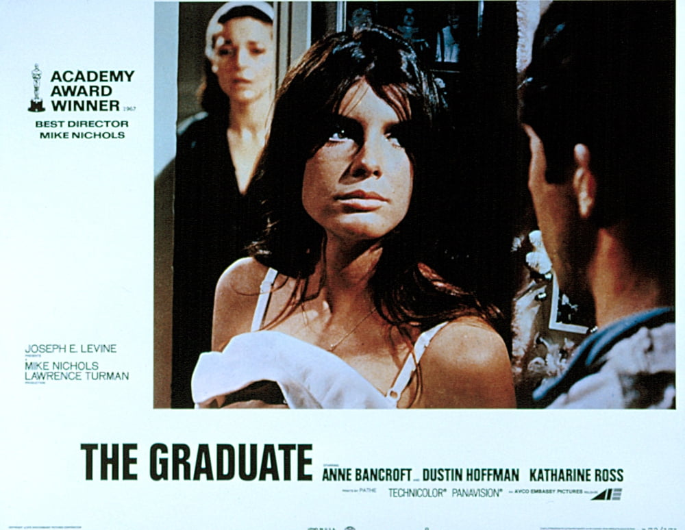 The Graduate movie masterprint poster featuring Anne Bancroft, Katharine Ross, and Dustin Hoffman.