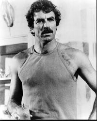 Tom Selleck in tank top on set of Magnum P.I. photo print.