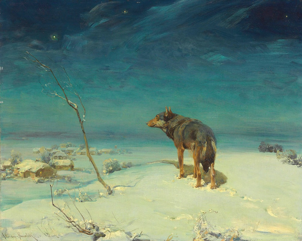The Lone Wolf art print by Alfred Von Wierusz-Kowalski featuring a majestic wolf in nature.