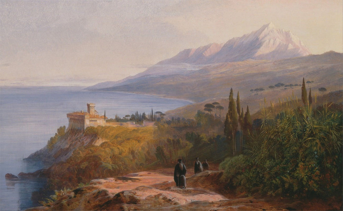 Art print of Mount Athos and the Monastery of Stavroniketes by Edward Lear.