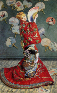 Camille Monet in Japanese Costume (1876) art print by Claude Monet, showcasing a woman in a Japanese kimono.