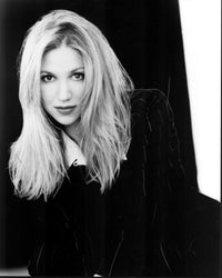 Debbie Gibson black and white photo print in striped jacket.
