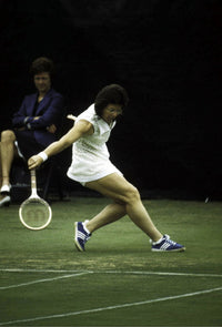 Billie Jean King competing photo print, showcasing her athleticism in action.