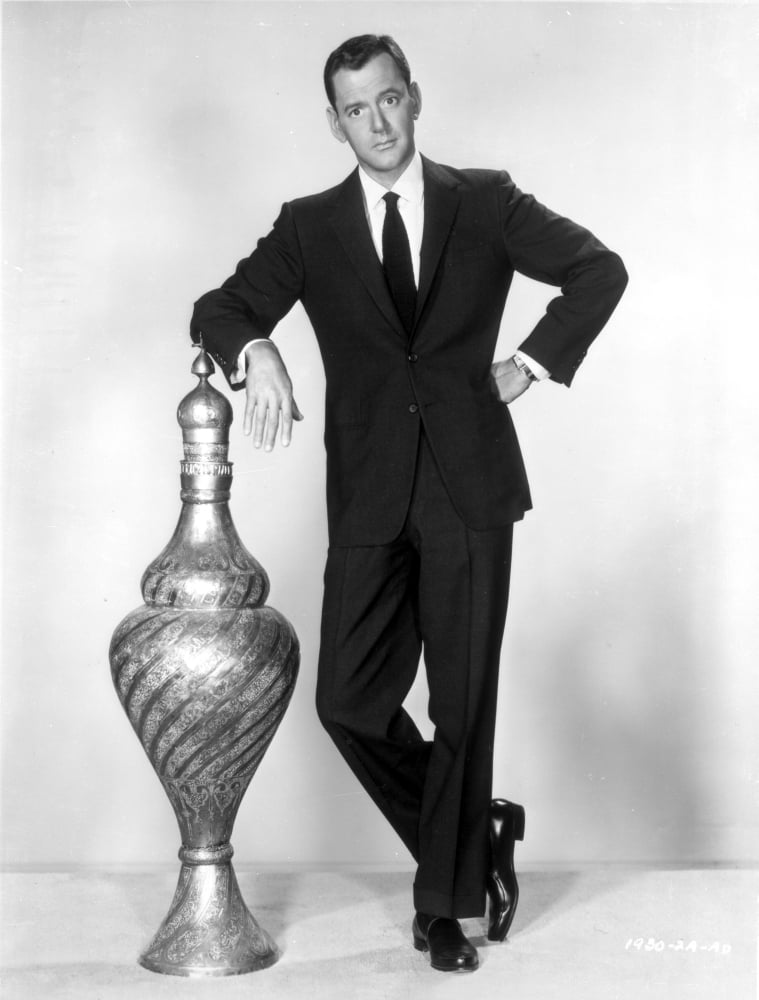 Tony Randall leaning on a vase photo print, classic Hollywood actor.