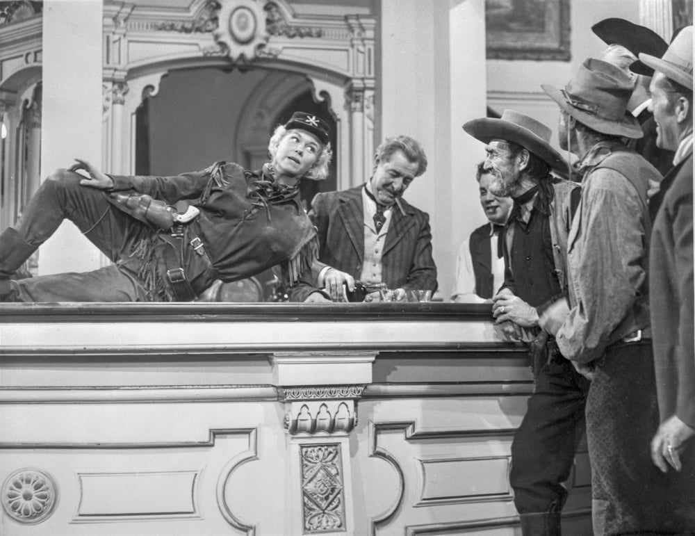 Calamity Jane group of people talking in black and white photo print