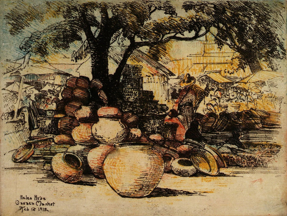 Oaxaca Market Art Print by Helen Hyde showcasing vibrant colors and cultural elements.