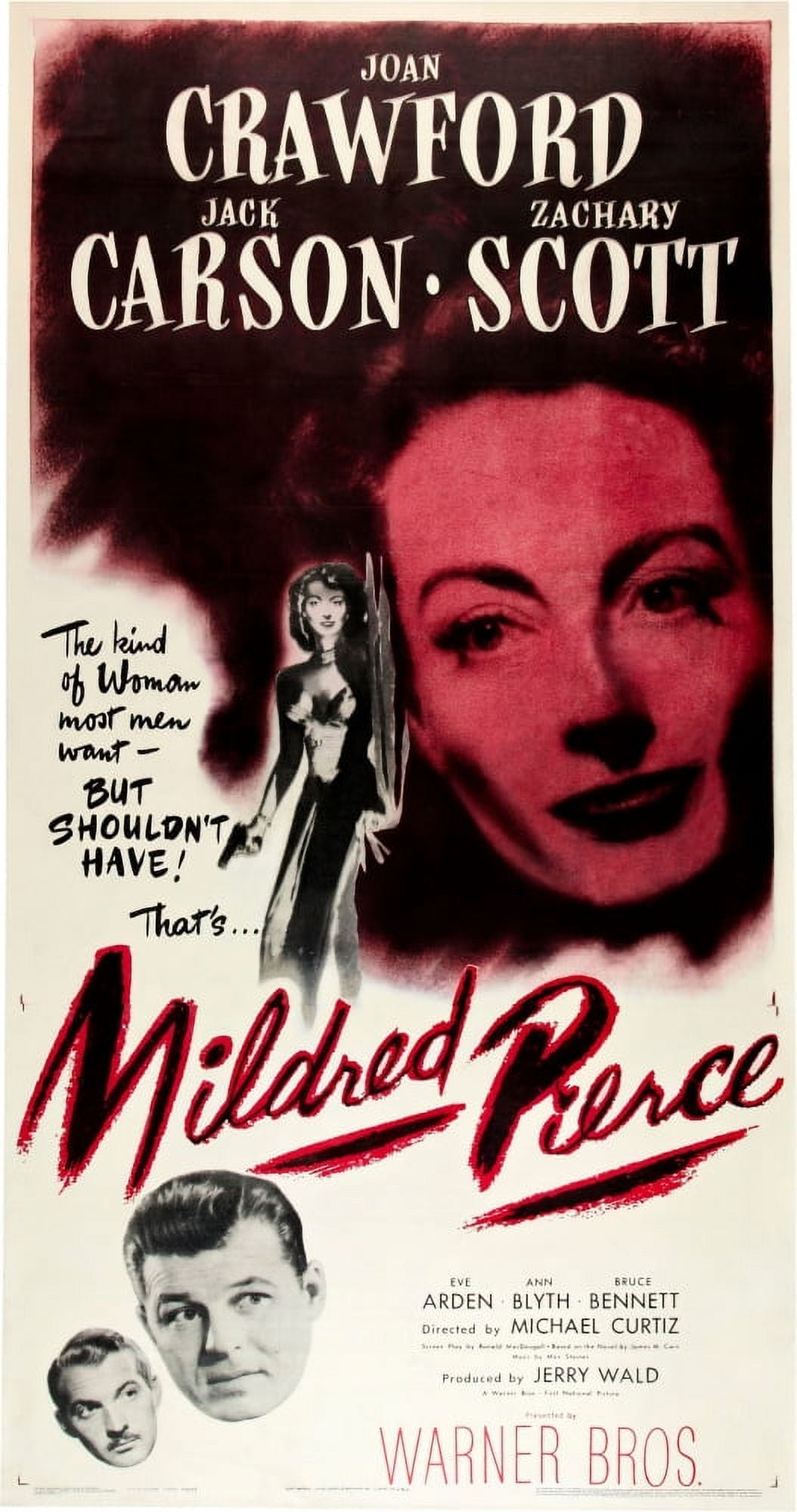 Mildred Pierce movie poster print featuring Joan Crawford, Zachary Scott, and Jack Carson from 1945.