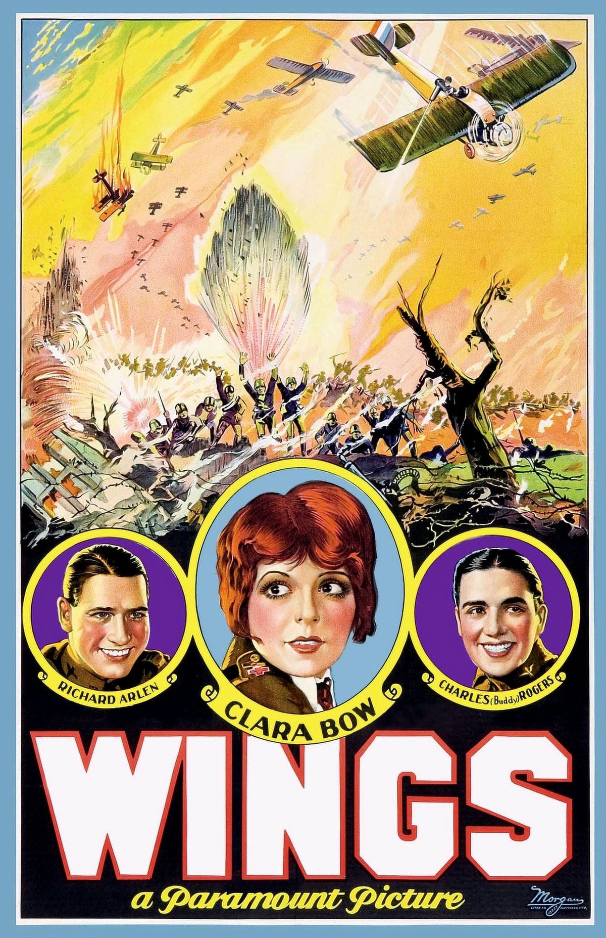 Wings From Left movie poster featuring Richard Arlen and Clara Bow, 1927 film classic