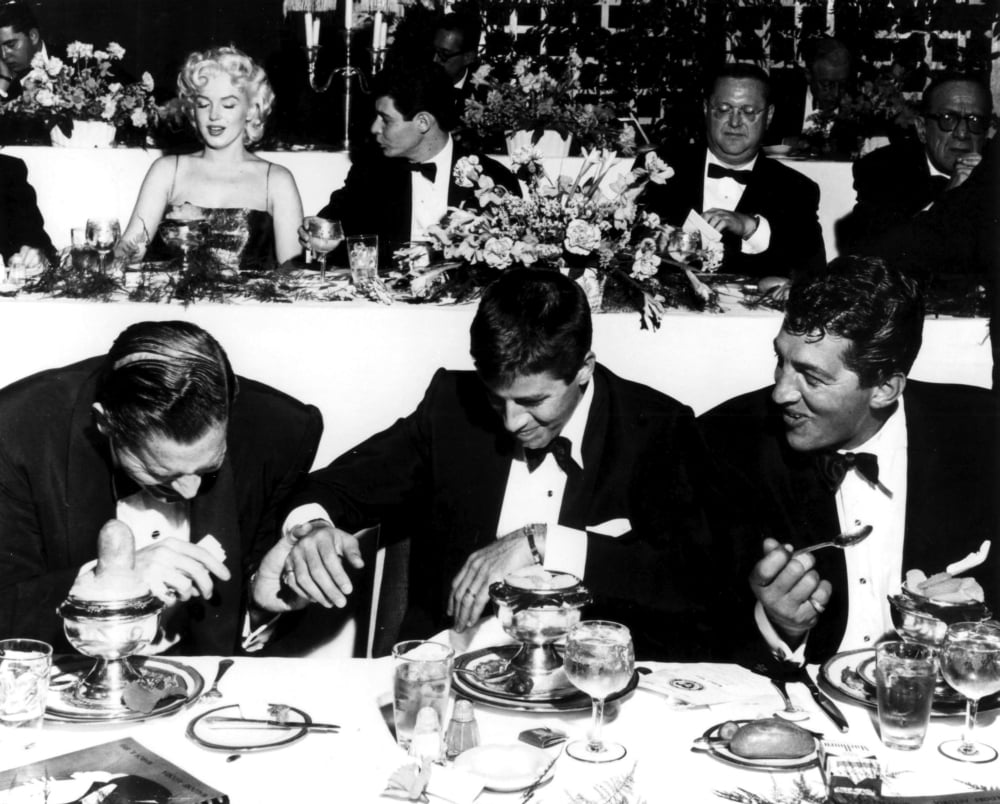Marilyn Monroe, Eddie Fisher, Jerry Lewis, and Dean Martin at the Friars Dinner photo print.