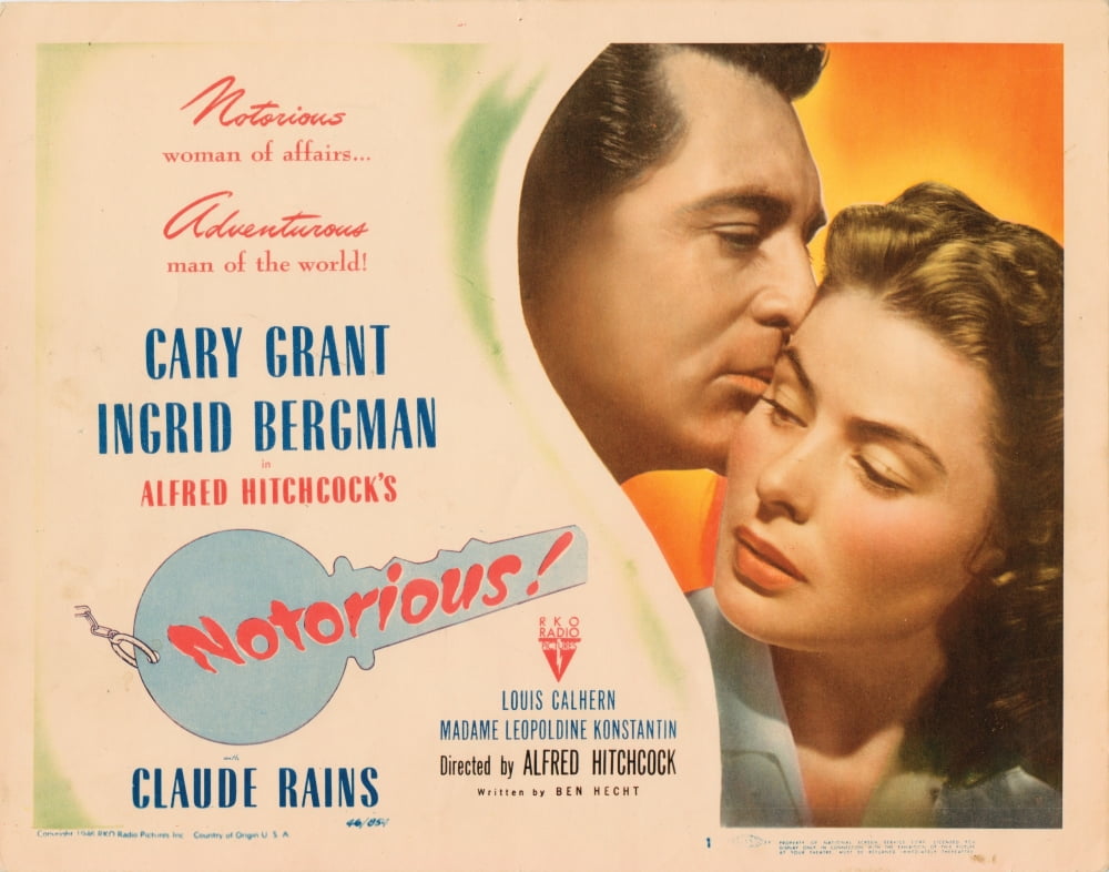 Notorious movie poster featuring Cary Grant and Ingrid Bergman, 1946 classic film art print.