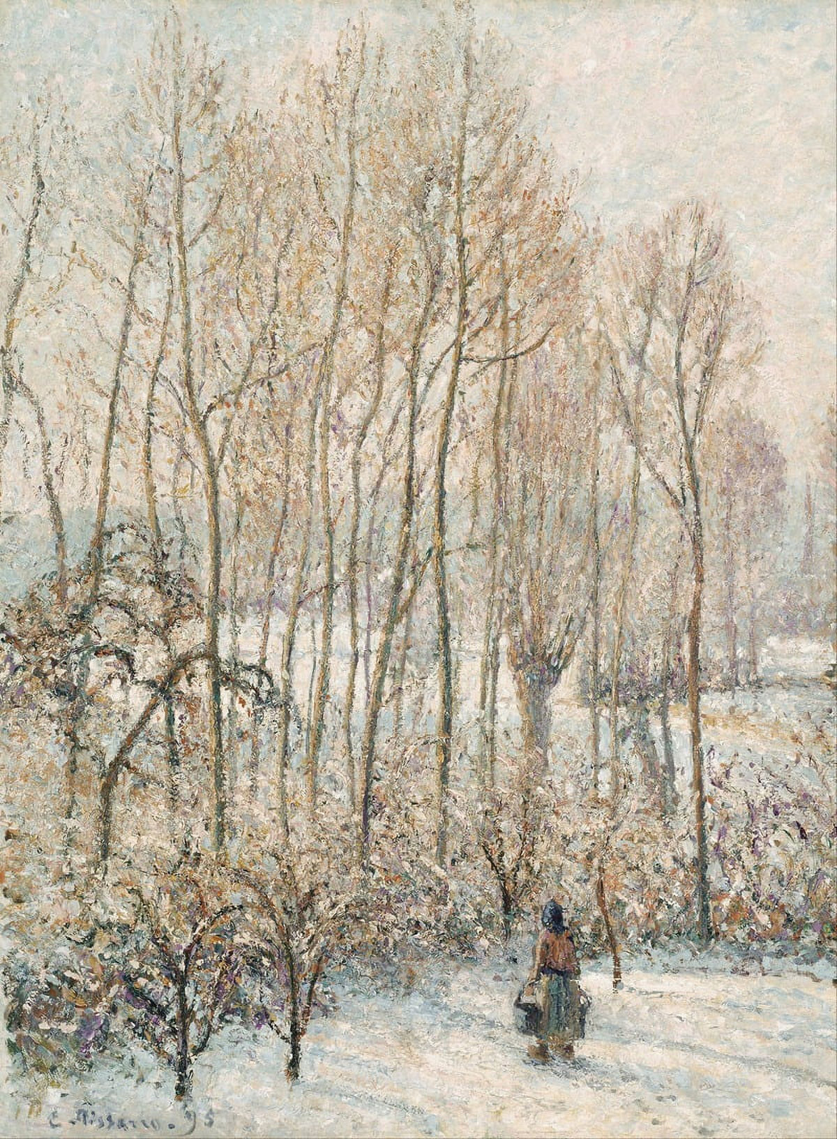 Morning Sunlight on the Snow poster print by Camille Pissarro, showcasing sunlight on a snow-covered landscape.