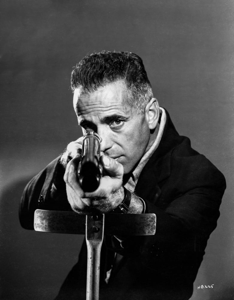 Humphrey Bogart holding a shotgun photo print, classic Hollywood decor.