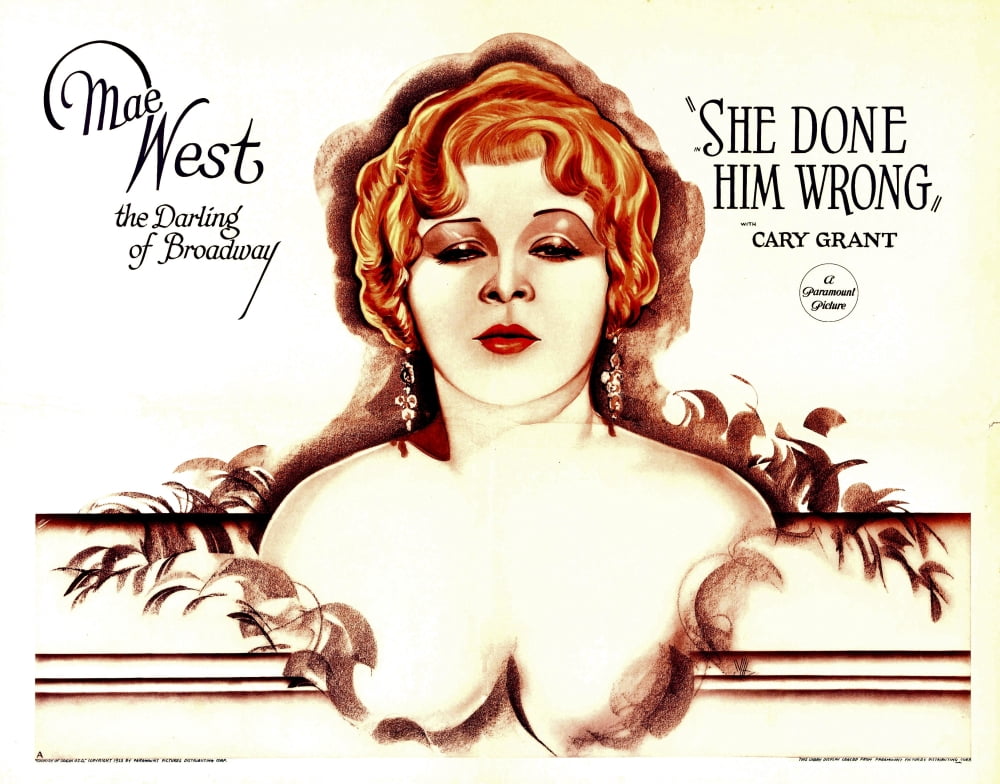 She Done Him Wrong movie poster featuring Mae West, 1933, vintage film art.