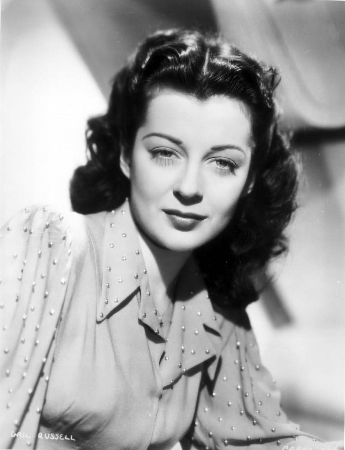 Gail Russell black and white portrait photo print featuring a straight face expression.