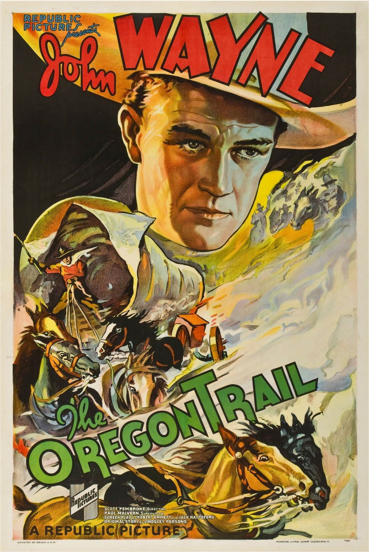 The Oregon Trail movie poster art print featuring John Wayne, available in multiple sizes.