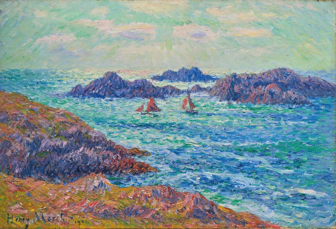 L’Anse des Pilotes Ouessant fine art print by Henry Moret showcasing a serene coastal landscape.