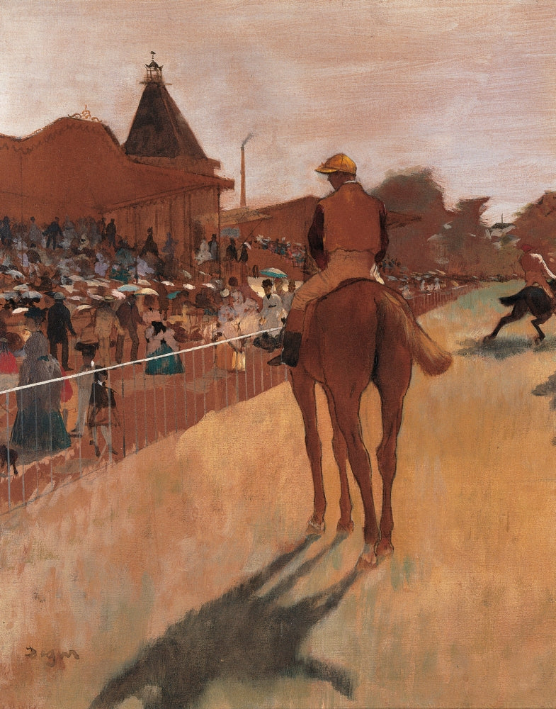 Racehorses in Front of the Tribunes Poster Print capturing the excitement of horse racing.