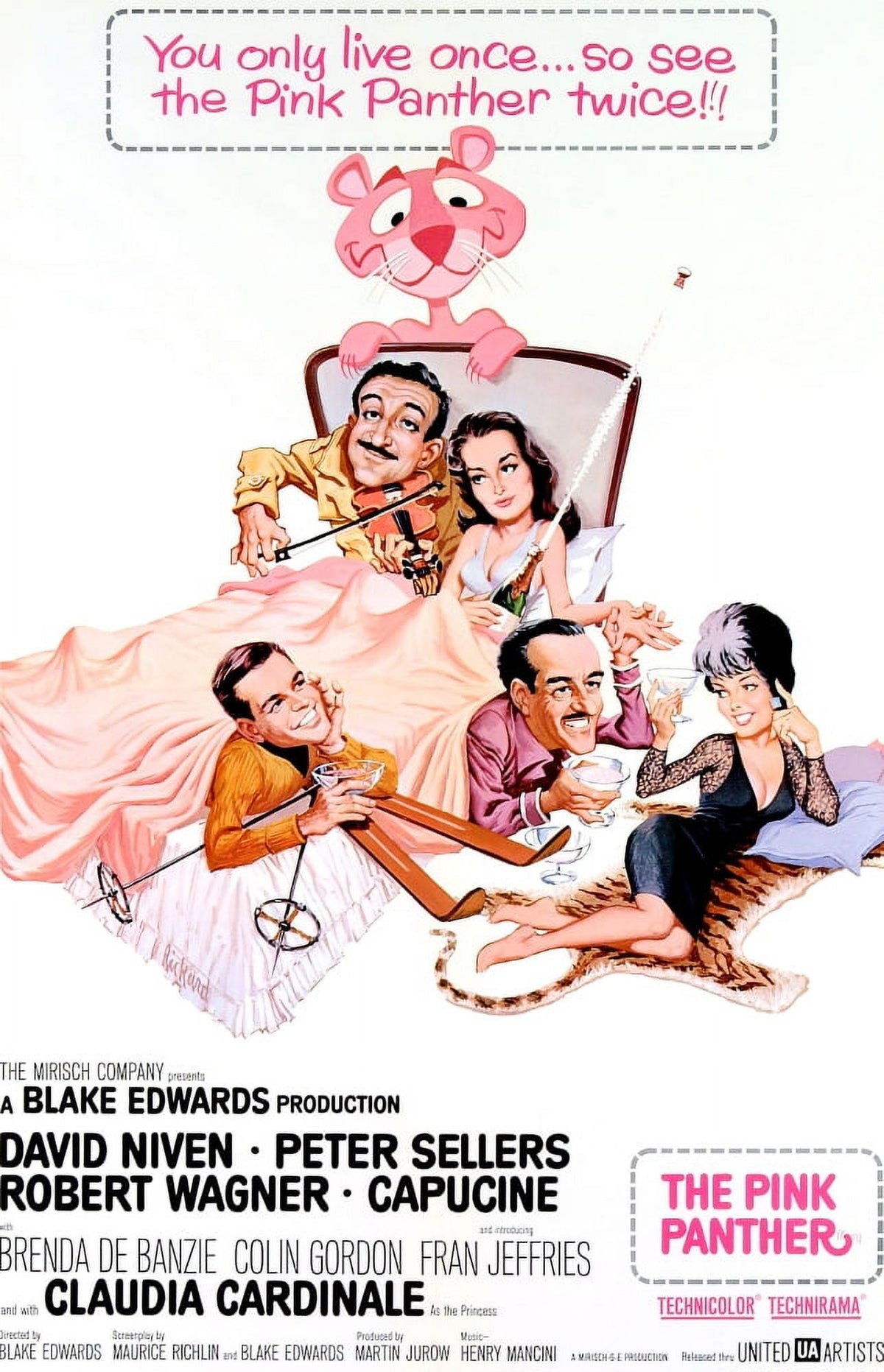 The Pink Panther 1963 movie poster masterprint featuring Peter Sellers and Claudia Cardinale.