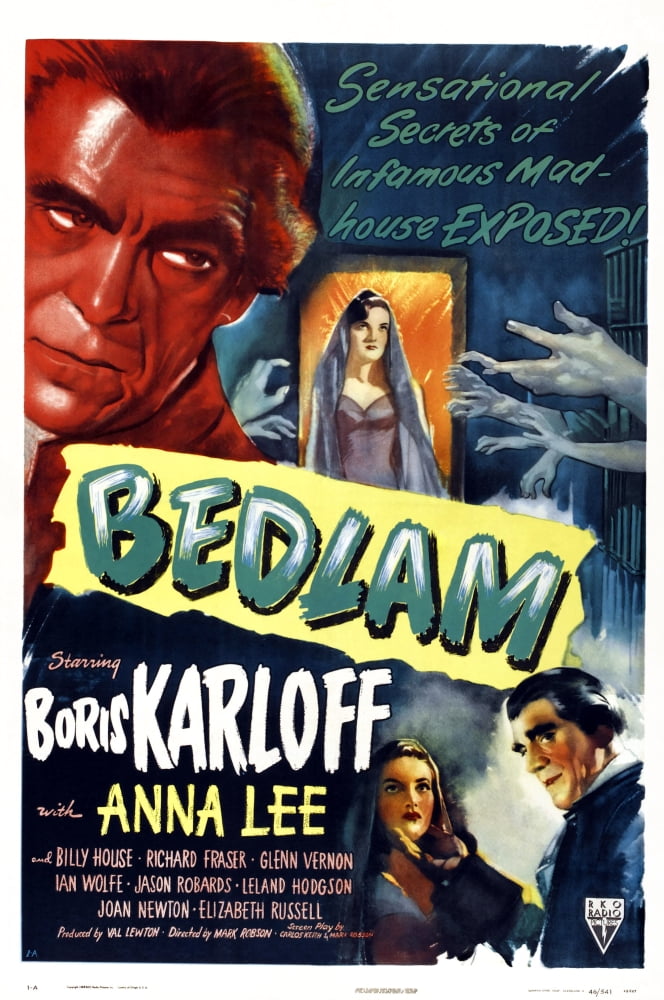 1946 Bedlam movie poster print featuring Boris Karloff and Anna Lee