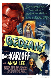1946 Bedlam movie poster print featuring Boris Karloff and Anna Lee