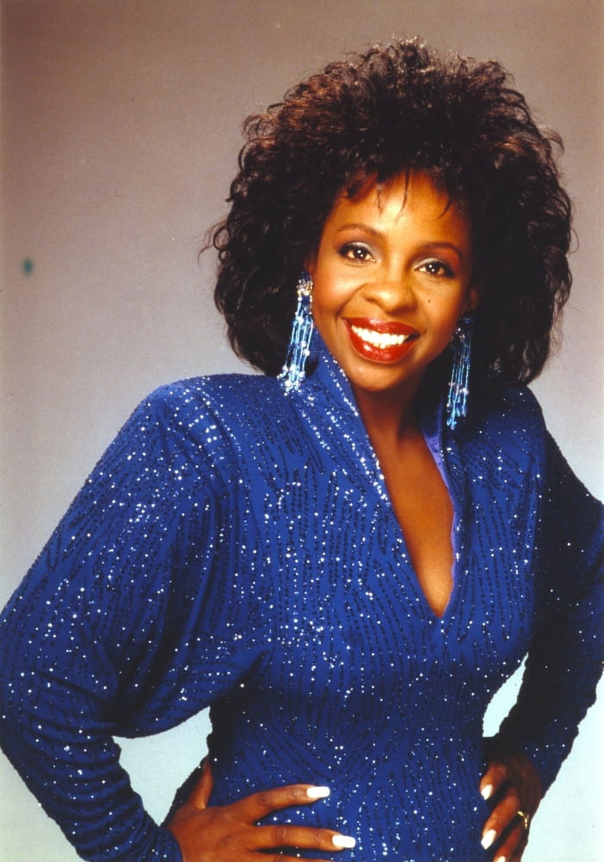 Gladys Knight photo print in sparkling blue dress, showcasing her iconic style.