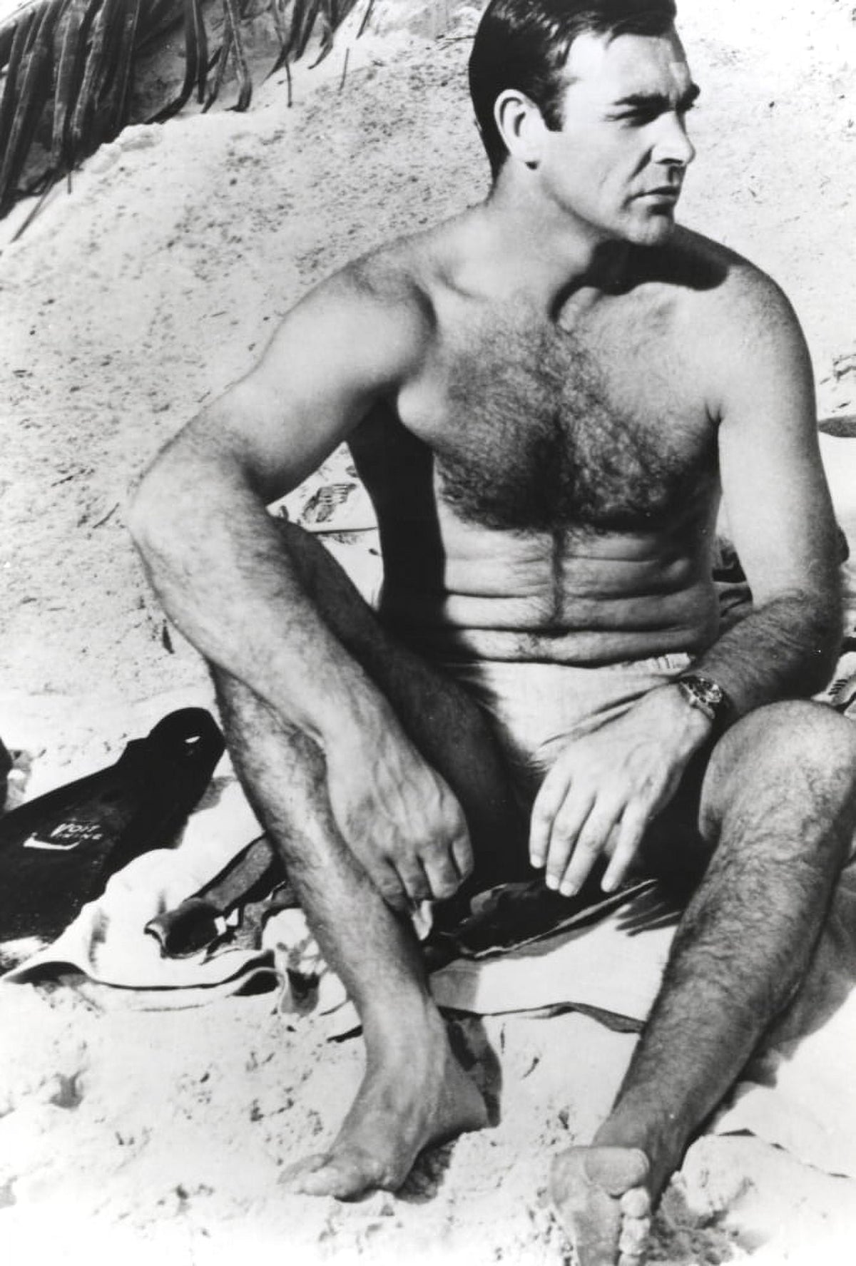 Sean Connery beach photo print capturing iconic moments in cinema.