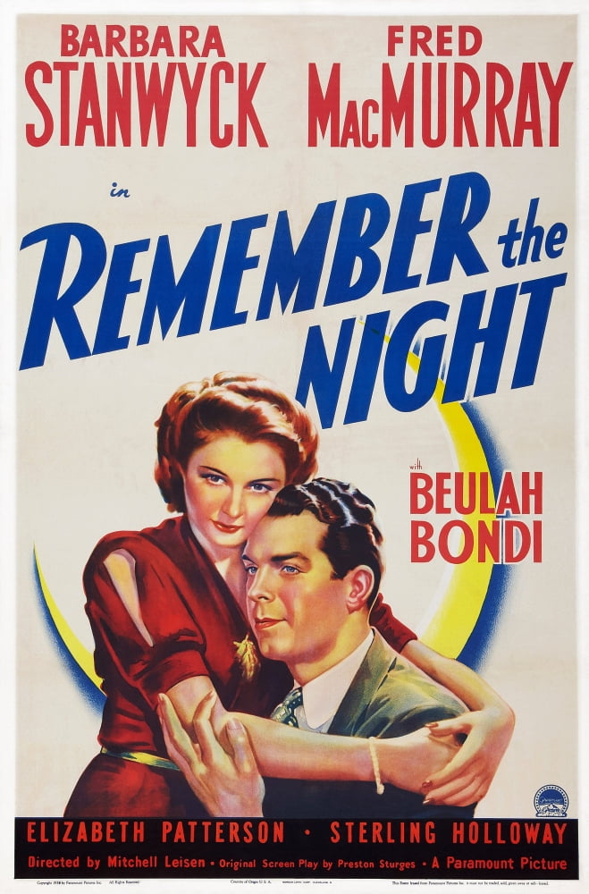 Remember The Night movie poster featuring Barbara Stanwyck and Fred MacMurray in classic film art.