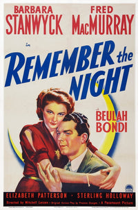 Remember The Night movie poster featuring Barbara Stanwyck and Fred MacMurray in classic film art.