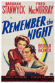 Remember The Night movie poster featuring Barbara Stanwyck and Fred MacMurray in classic film art.