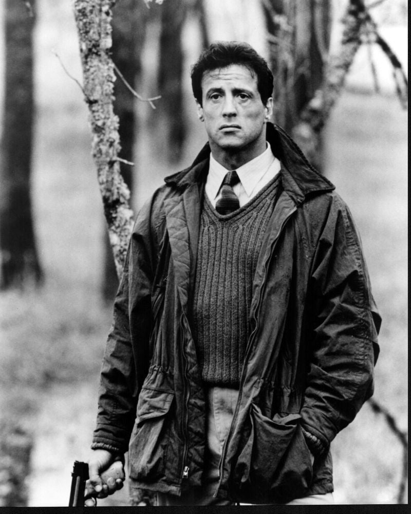 Sylvester Stallone black and white photo print holding gun in coat and sweater vest