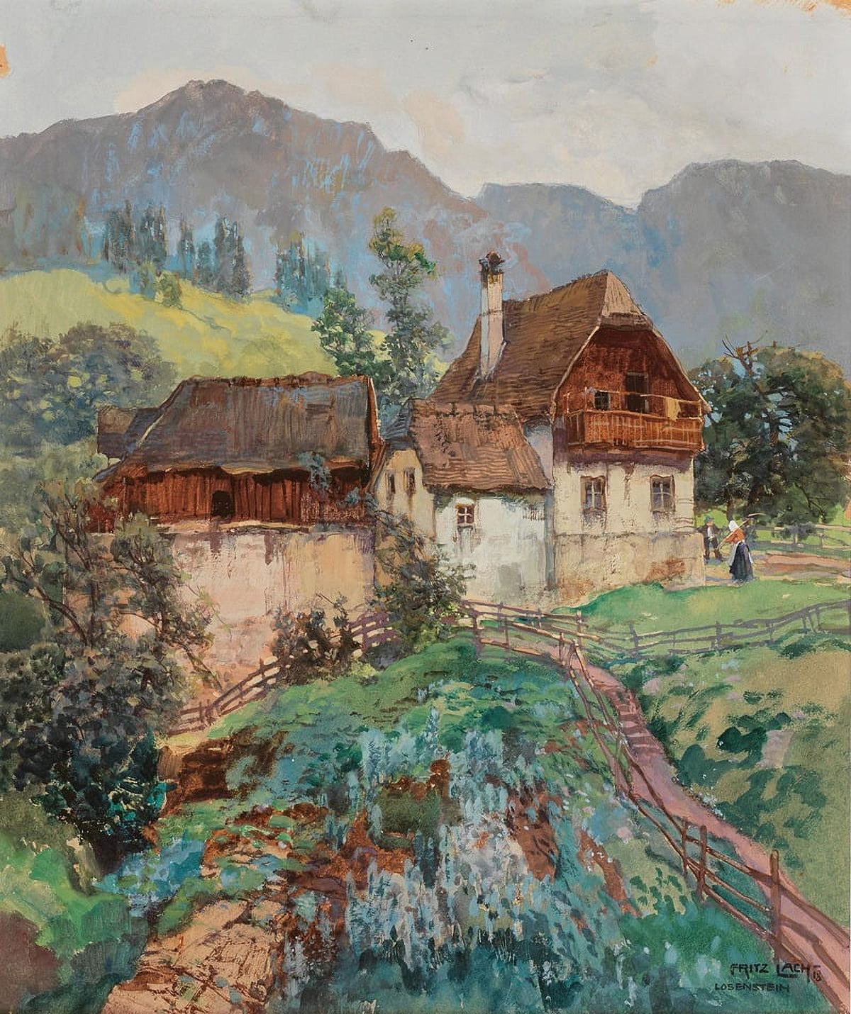 Charming farmhouse poster print by Fritz Lach featuring Losenstein, Upper Austria.