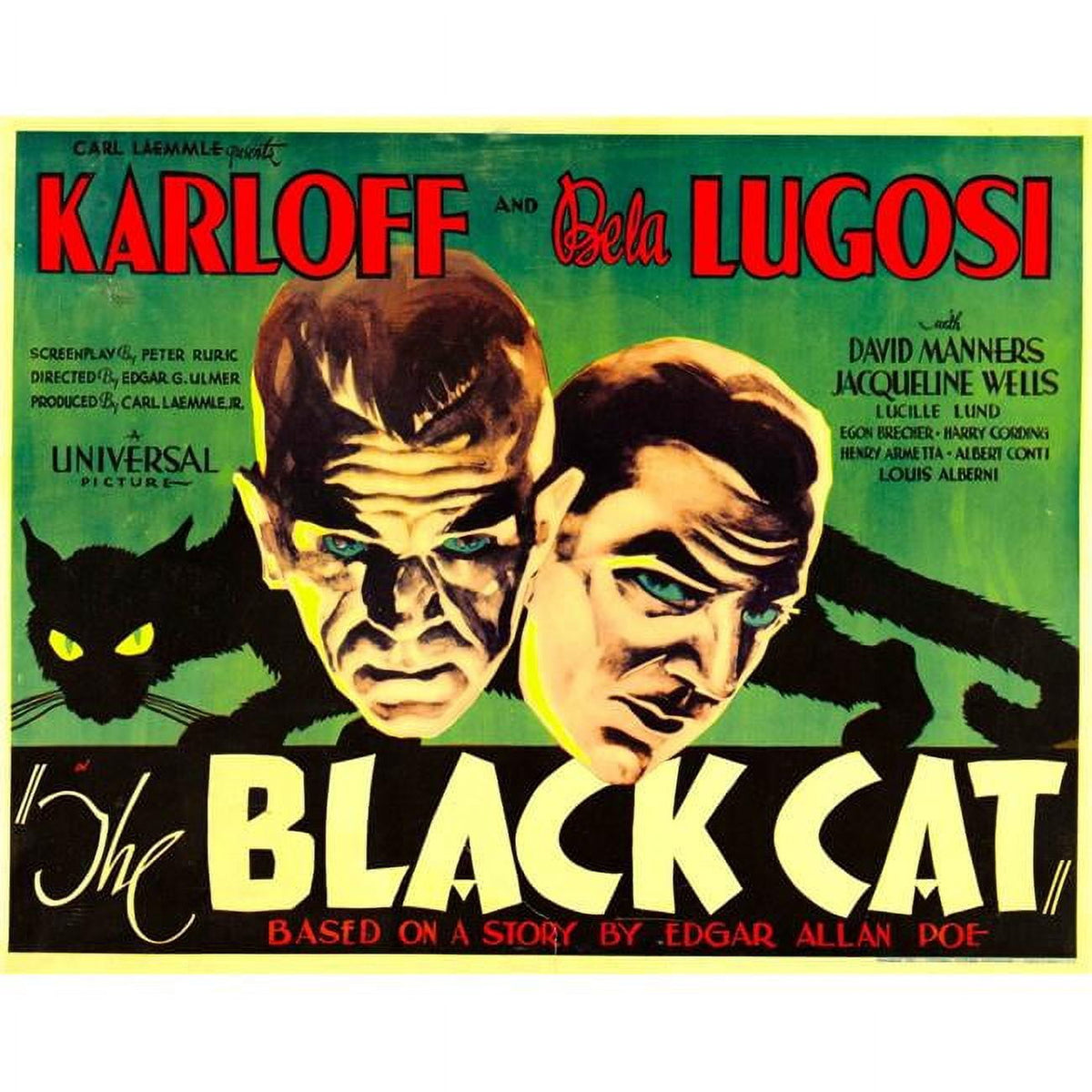 The Black Cat movie poster featuring Boris Karloff and Bela Lugosi, 1934.