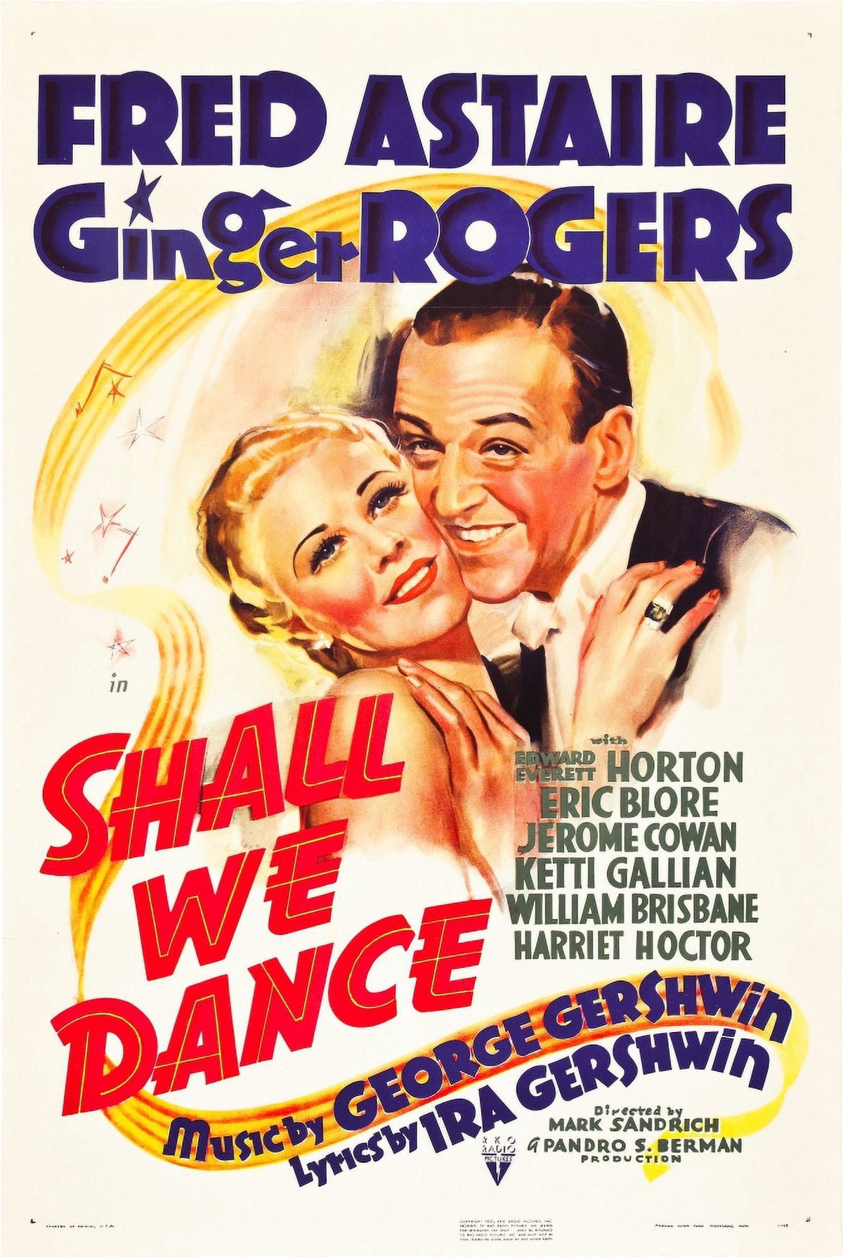 Shall We Dance movie poster featuring Ginger Rogers and Fred Astaire, classic 1937 film art.