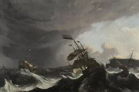 Warships in a Heavy Storm art print by Ludolf Bakhuysen, depicting Dutch warships in a storm.