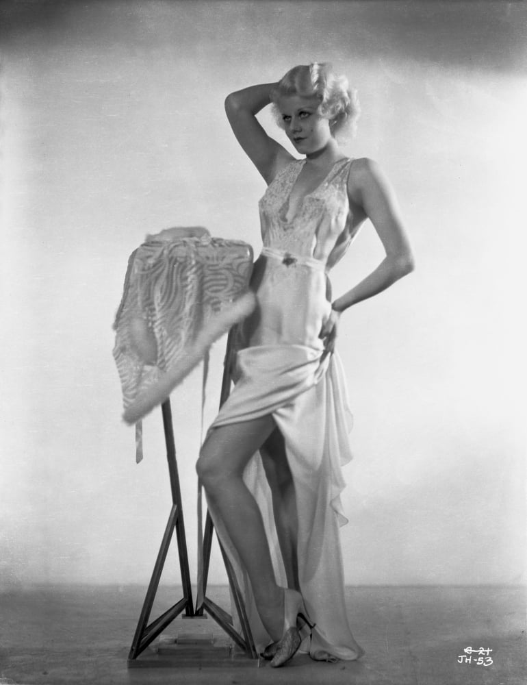 Jean Harlow photo print in elegant white silk dress