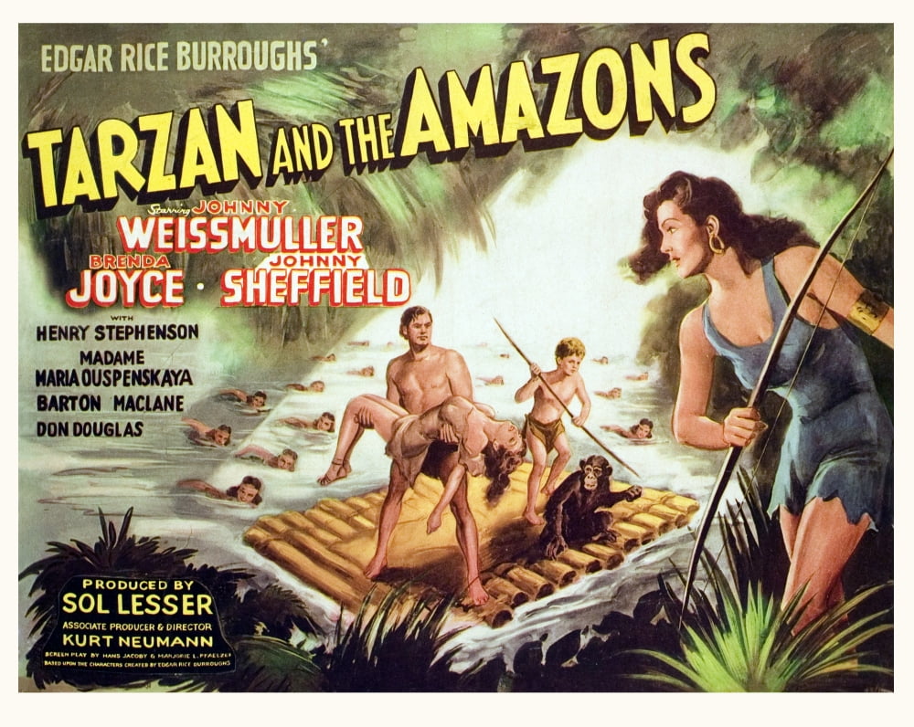 Tarzan and the Amazons movie poster featuring Johnny Weissmuller and Brenda Joyce.