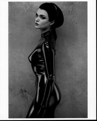 Rachel Weisz photo print in black latex suit, stylish and elegant.