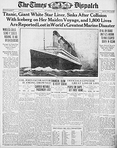 The Times Despatch newspaper print featuring Titanic sinking on April 16, 1912.