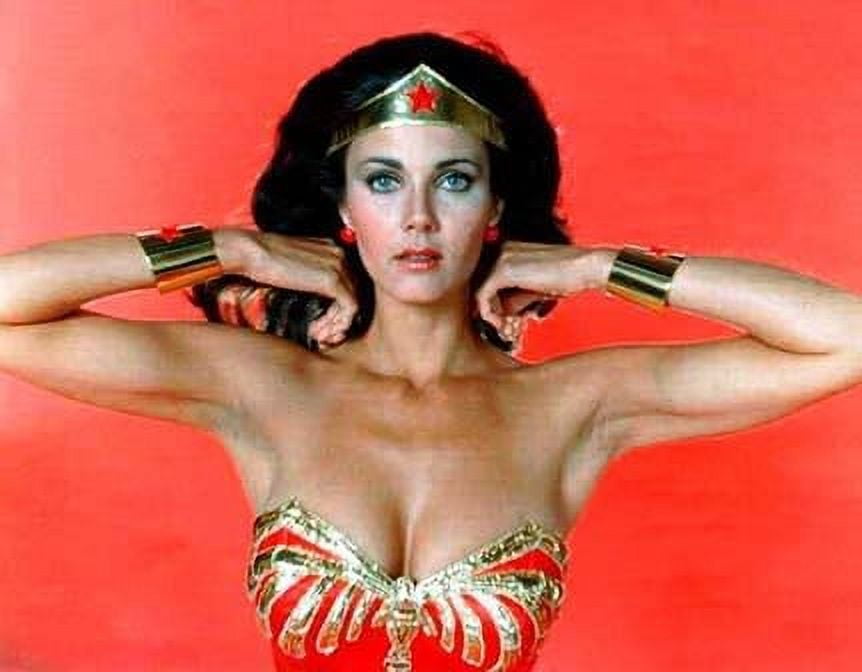 Wonder Woman photo print of Lyndas Carter with arms up.