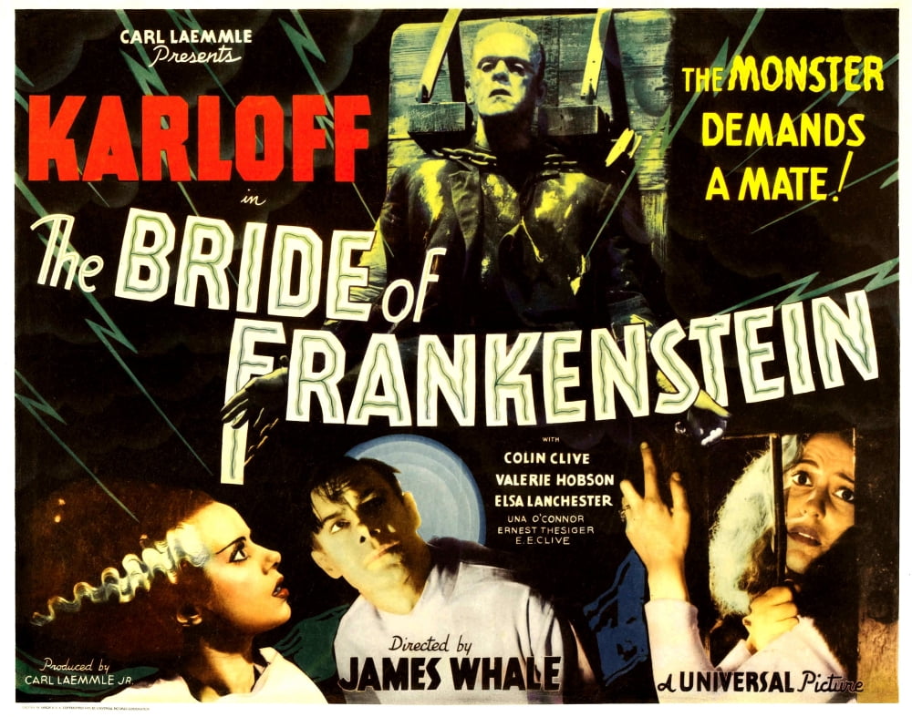 The Bride of Frankenstein Movie Masterprint Poster featuring Boris Karloff and Elsa Lanchester.