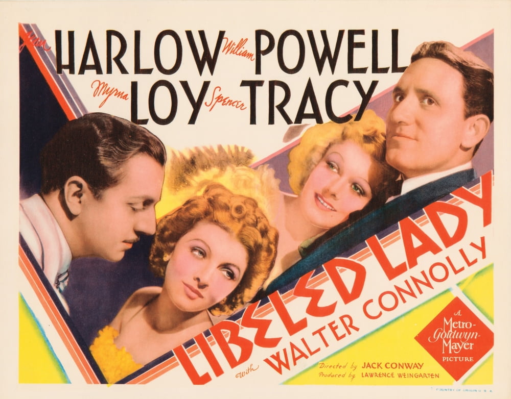 Libeled Lady movie poster featuring William Powell, Myrna Loy, Jean Harlow, and Spencer Tracy.