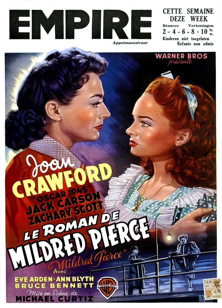 Mildred Pierce movie poster featuring Joan Crawford and Ann Blyth, 1945 classic film.