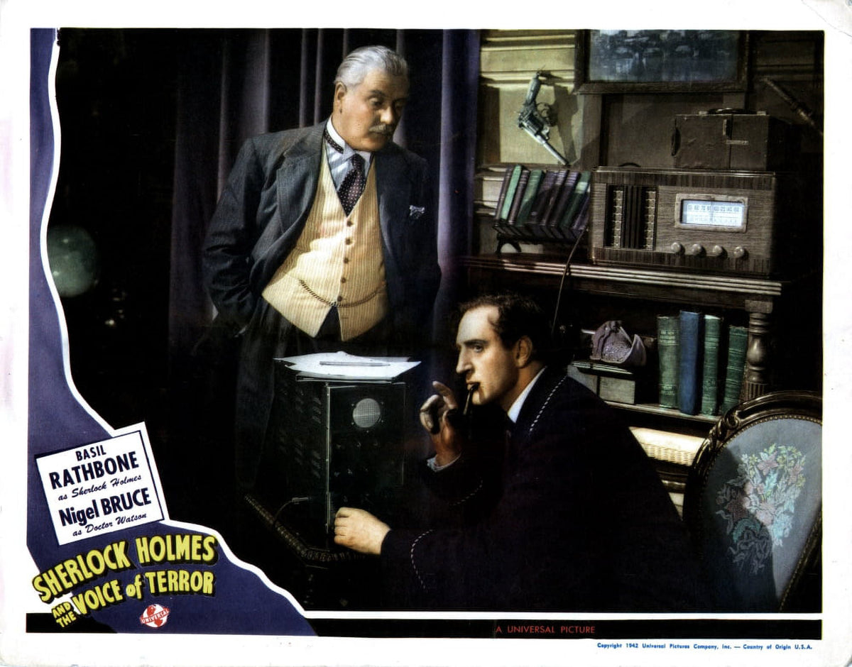 Sherlock Holmes and the Voice of Terror movie poster print featuring Nigel Bruce and Basil Rathbone.