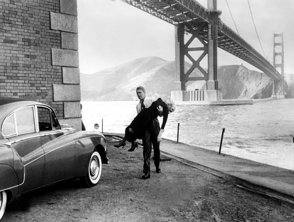 Vertigo movie photo print featuring James Stewart and Kim Novak, classic film art.