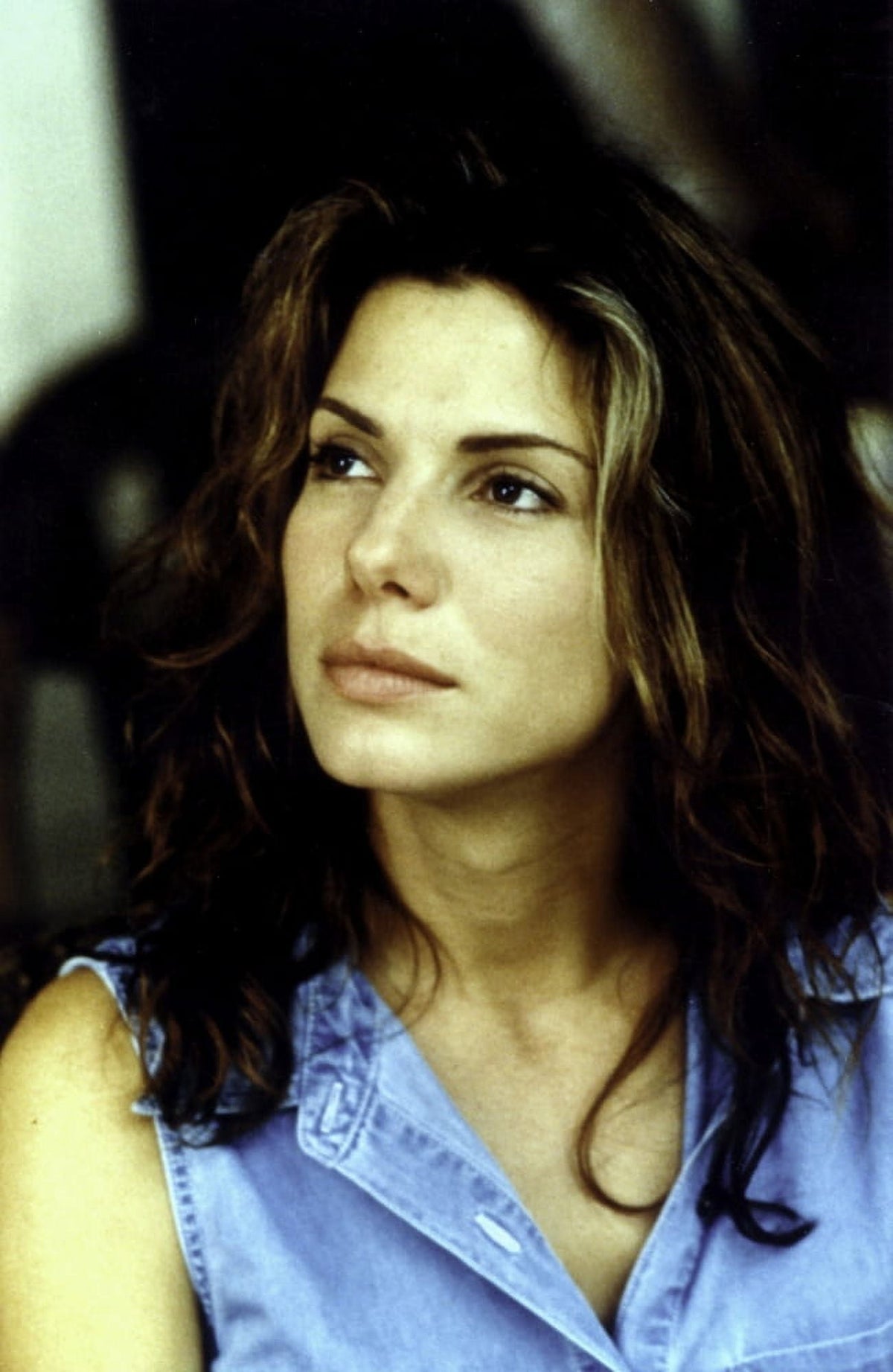 Sandra Bullock wearing a denim shirt photo print