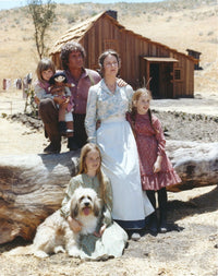 Little House On The Prairie cast group photo print with blue background.