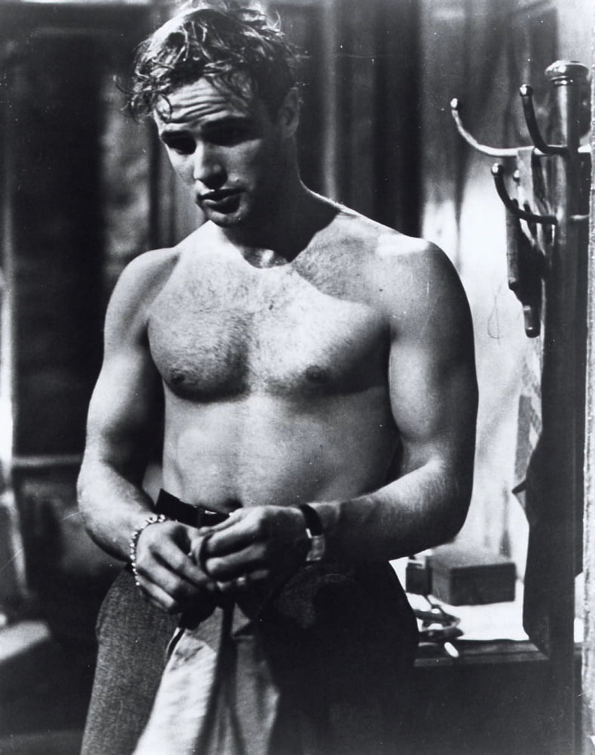 Marlon Brando shirtless photo print showcasing iconic film star.