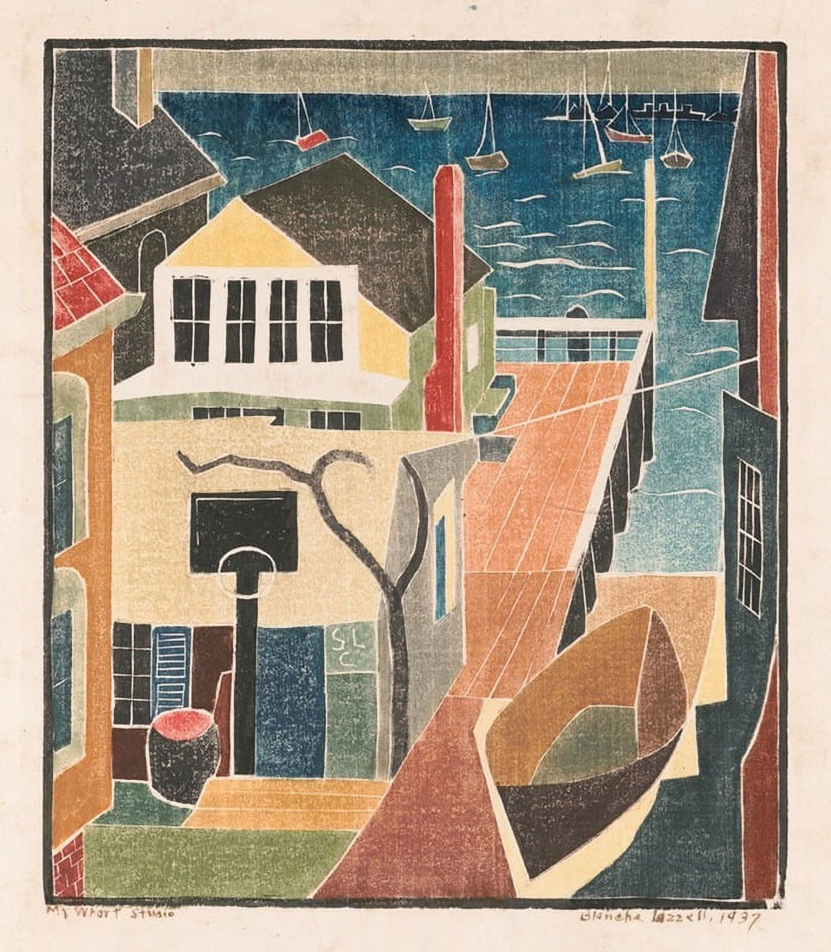 My Wharf Studio art print by Blanche Lazzell, vibrant coastal scene.